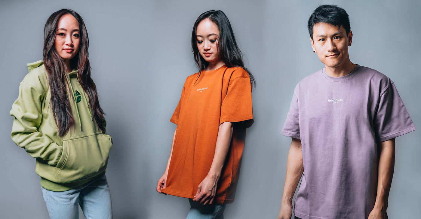Models_wearing_boba_milk_tea_colors_matcha_thai_Taro_shirts